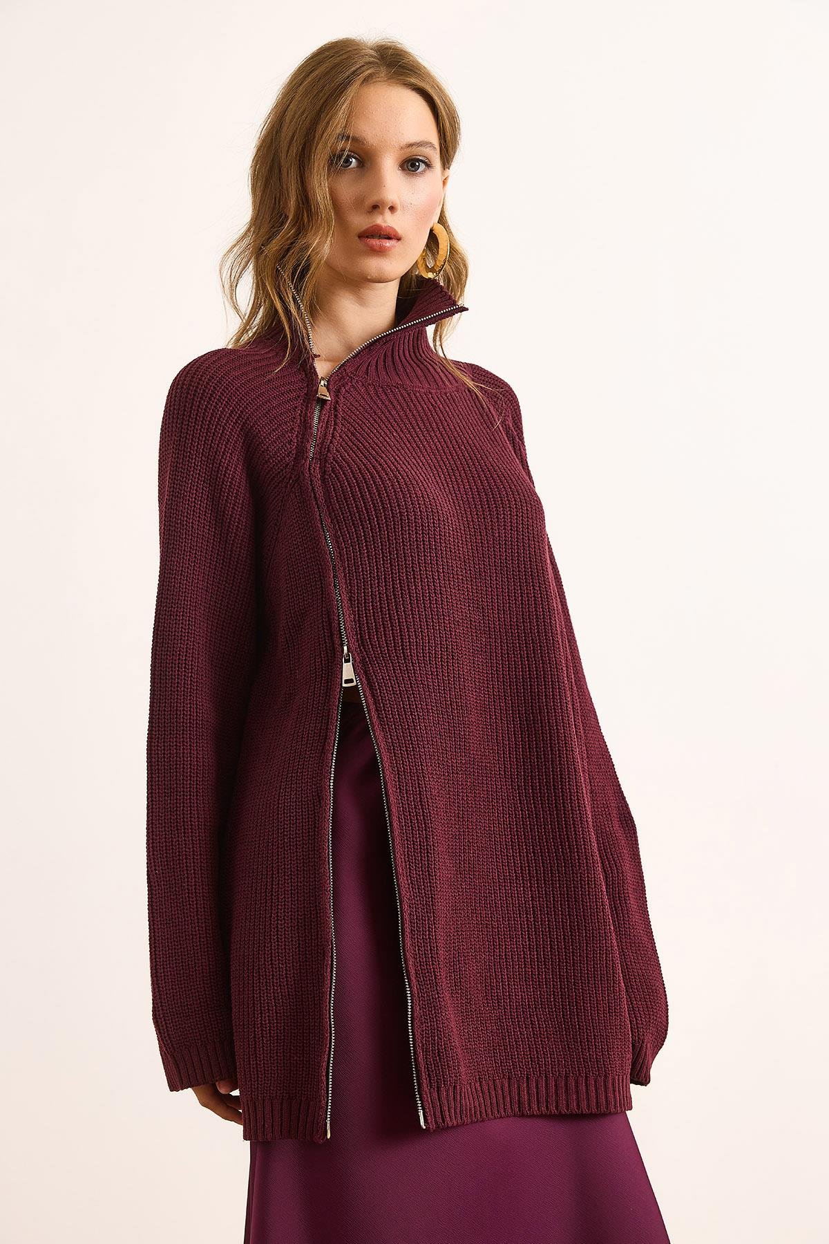 Premium Çift Taraflı Fermuar Detaylı Pamuk Oversize Kazak Bordo