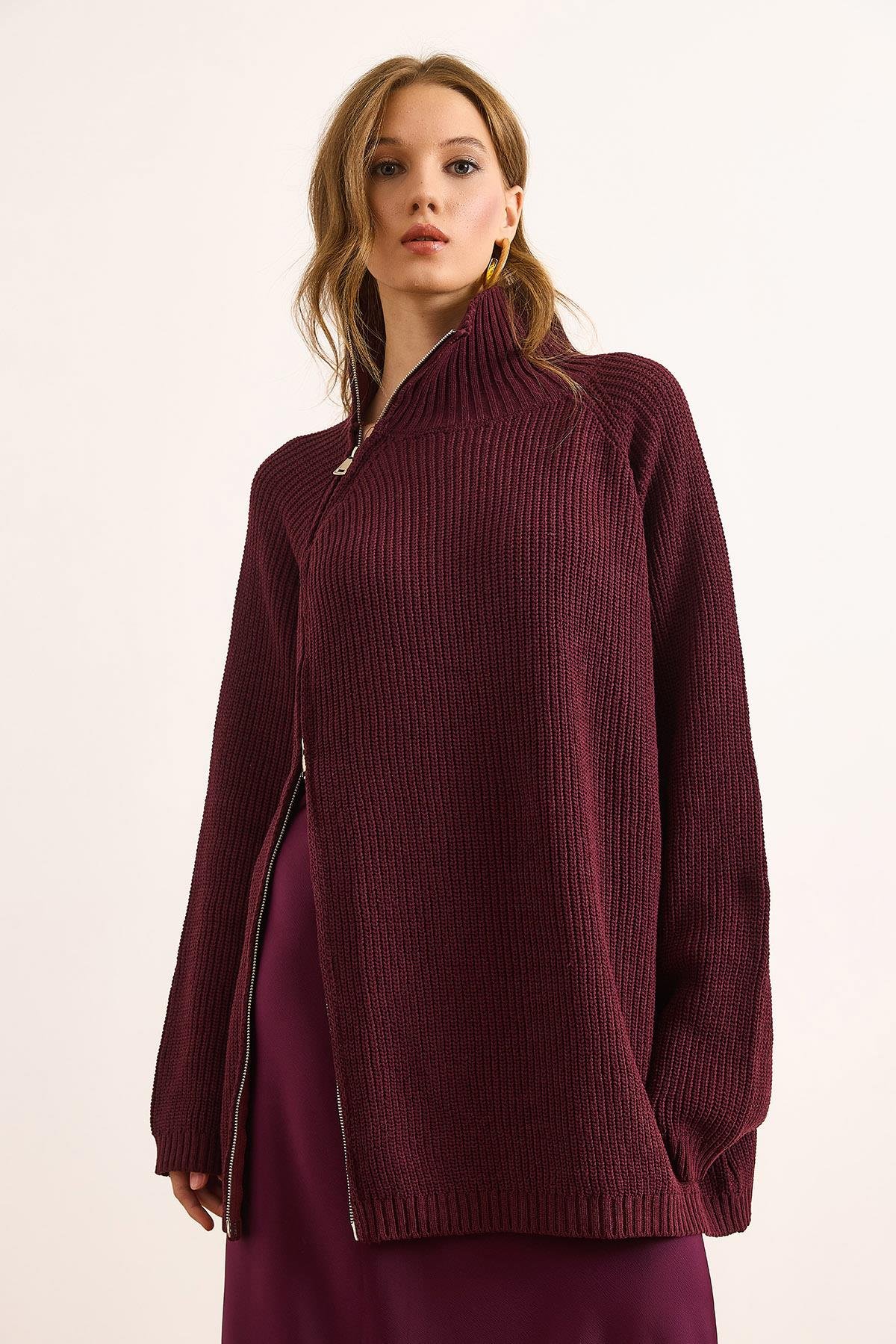 Premium Çift Taraflı Fermuar Detaylı Pamuk Oversize Kazak Bordo