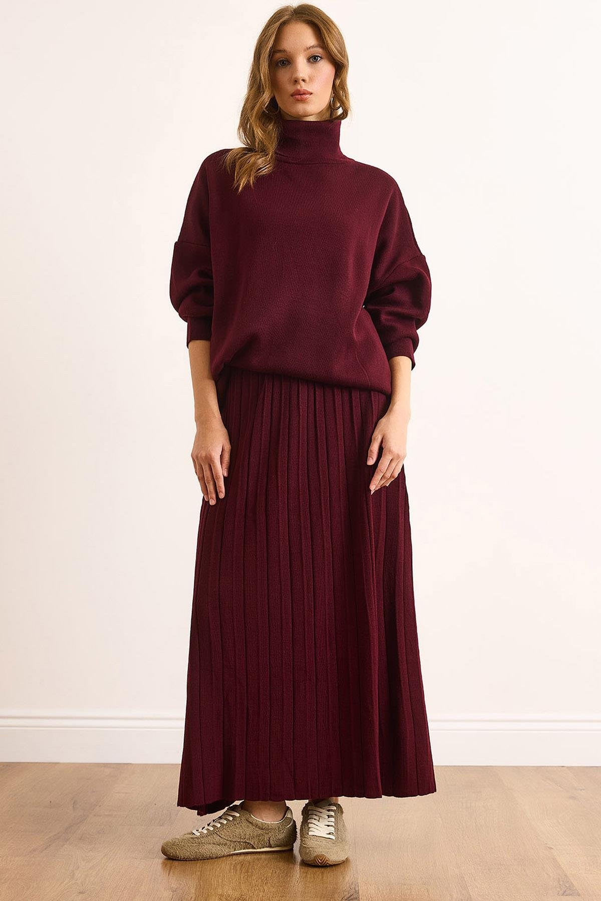 Premium Maxi Pilise Etek Oversize Kazak Takım Mürdüm