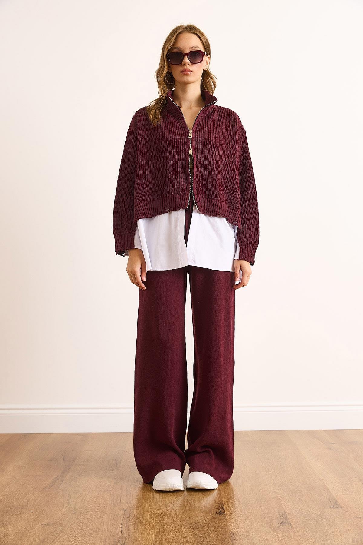 Premium Poplin Detaylı Pamuklu Triko Takım Mürdüm