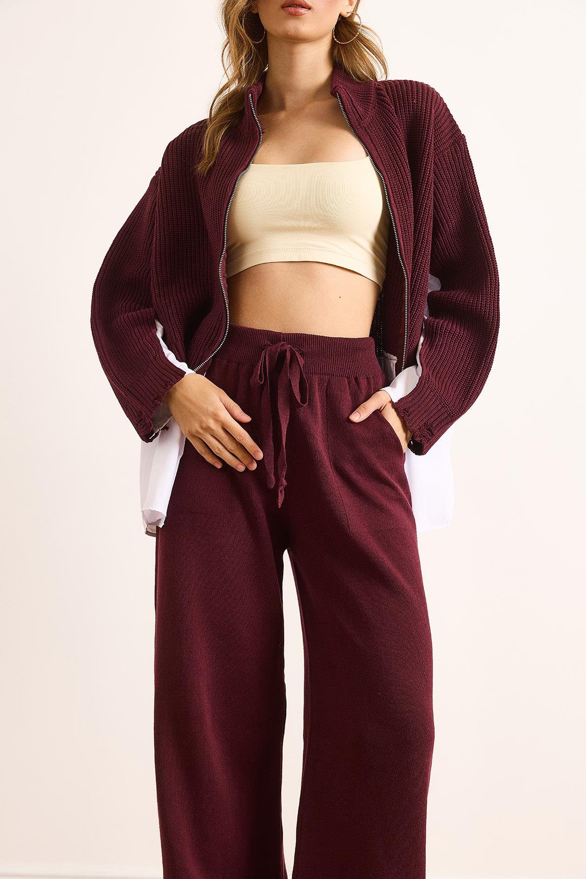 Premium Poplin Detaylı Pamuklu Triko Takım Mürdüm