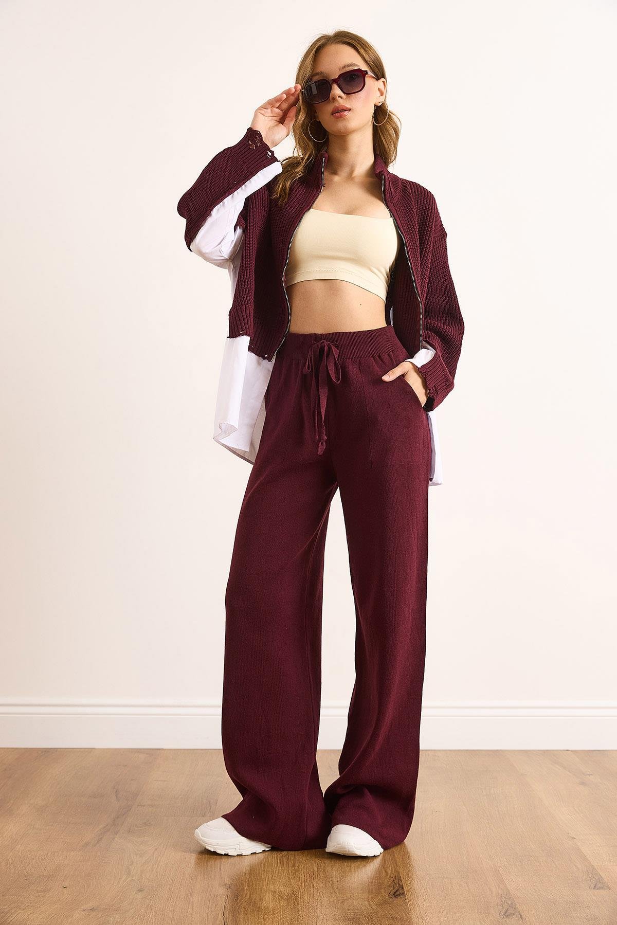 Premium Poplin Detaylı Pamuklu Triko Takım Mürdüm