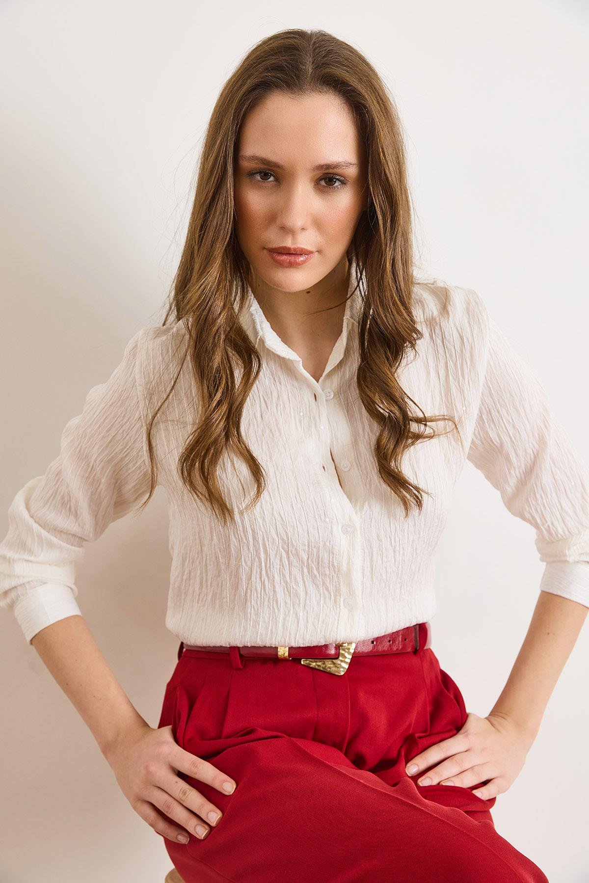 Pul Detaylı Şeritli Regular Fit Gömlek Beyaz