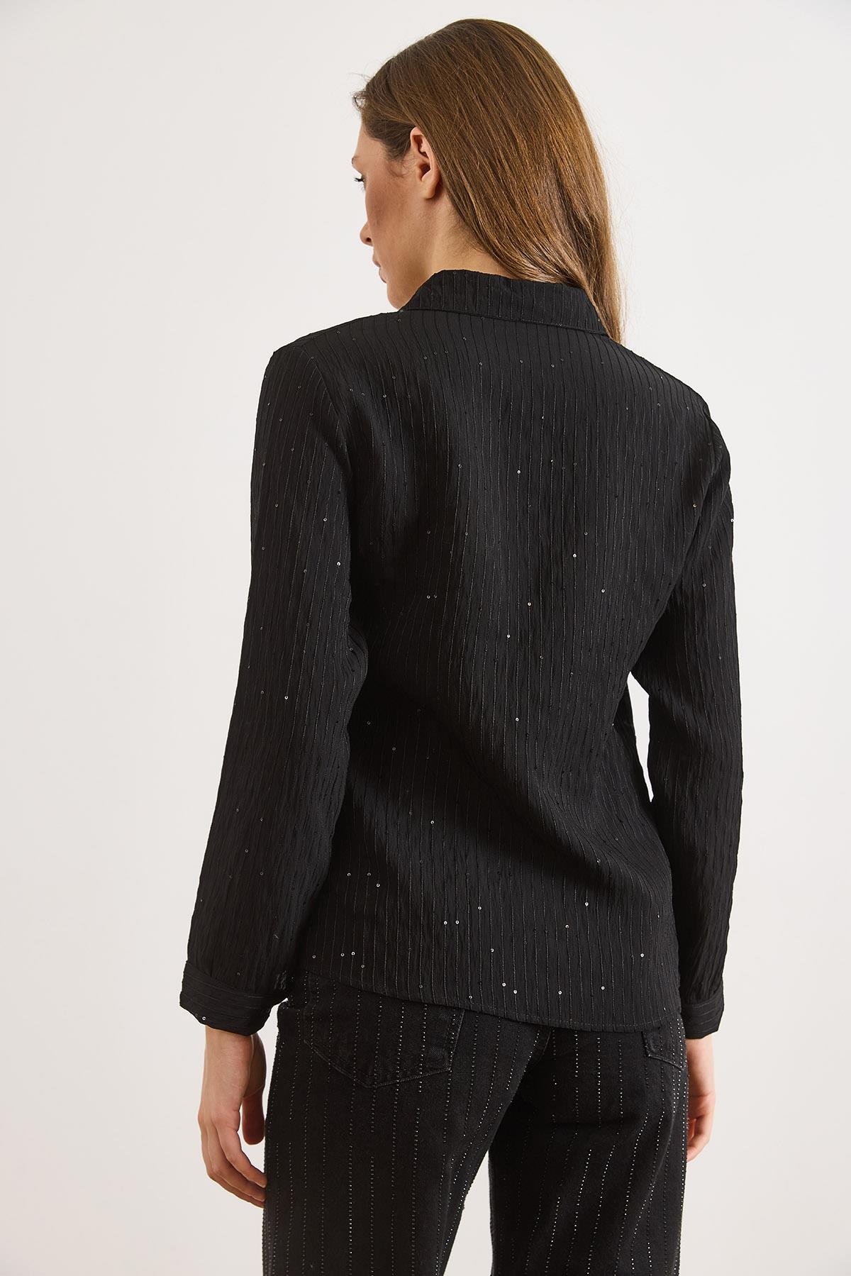 Pul Detaylı Şeritli Regular Fit Gömlek Siyah