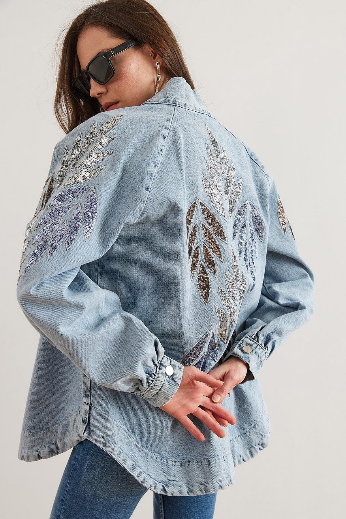Pul Payet Nakış Detaylı Denim Ceket Damla Pul Mavi