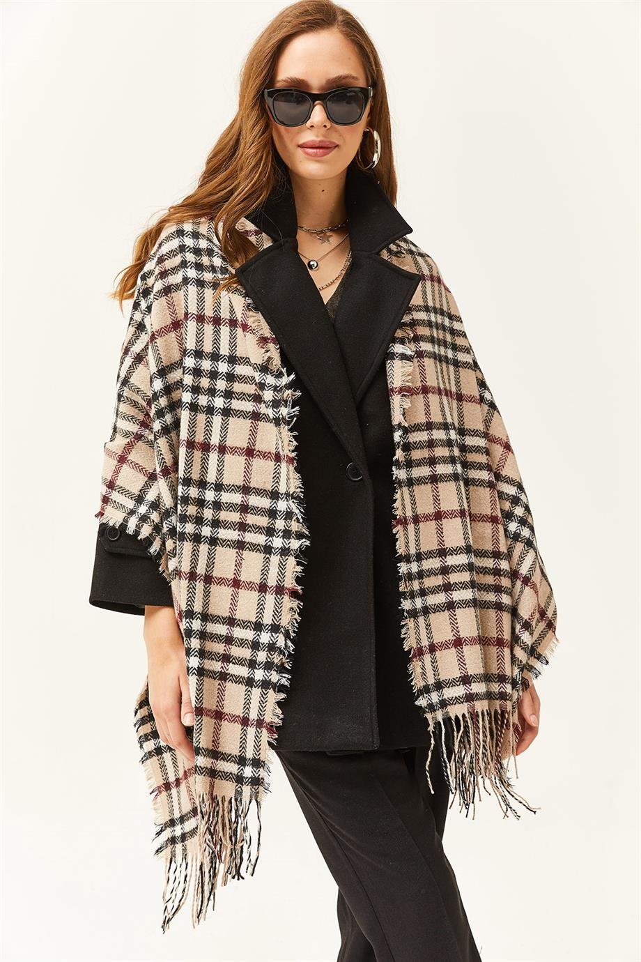 Püsküllü Kalın Omuz Şalı Ekose Taş Siyah