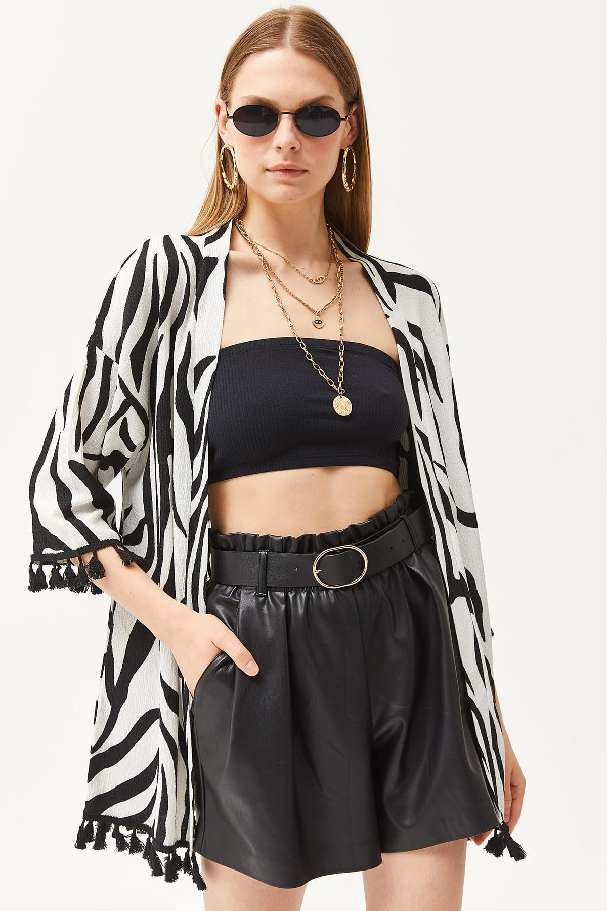 Püsküllü Salaş Örme Kimono Zebra Siyah