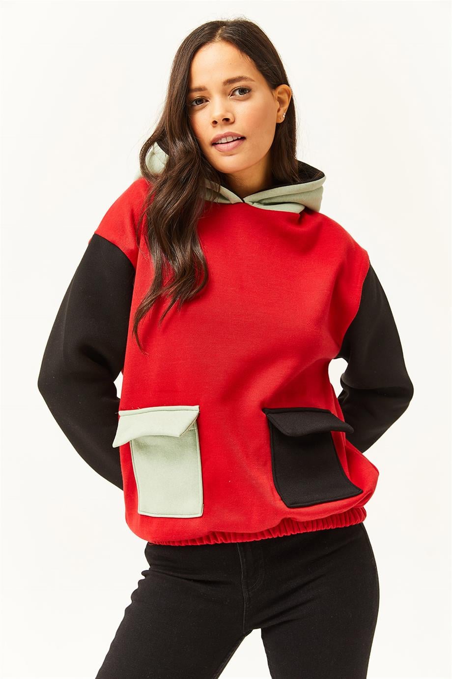 Renk Bloklu İçi Polarlı Sweatshirt Kırmızı Su Yeşili