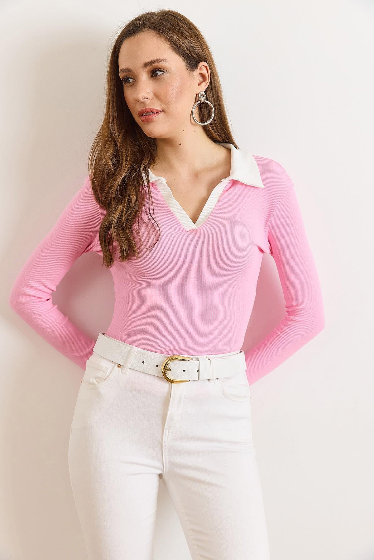 Renk Bloklu Polo Yaka Pamuk Esnek Bluz Pembe Beyaz