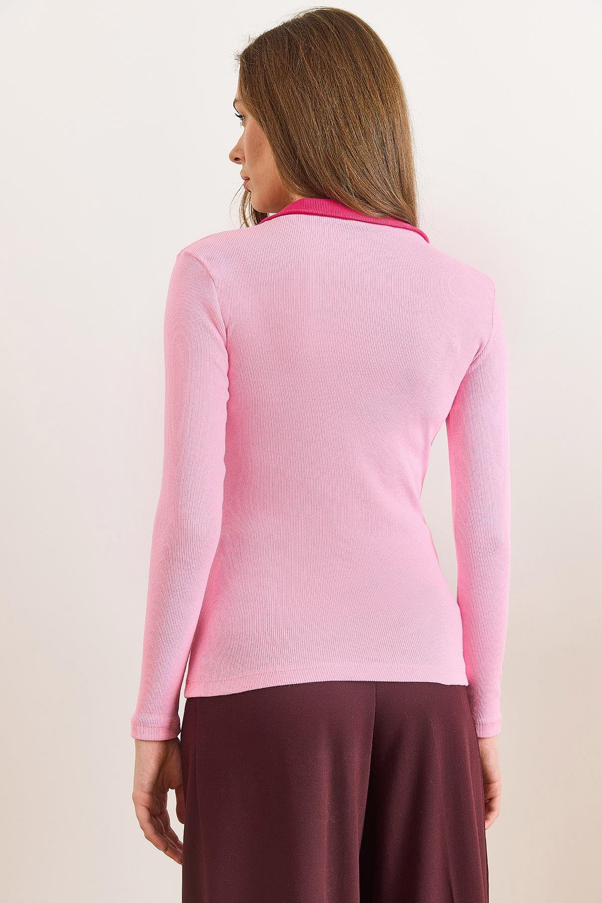 Renk Bloklu Polo Yaka Pamuk Esnek Bluz Pembe Fuşya