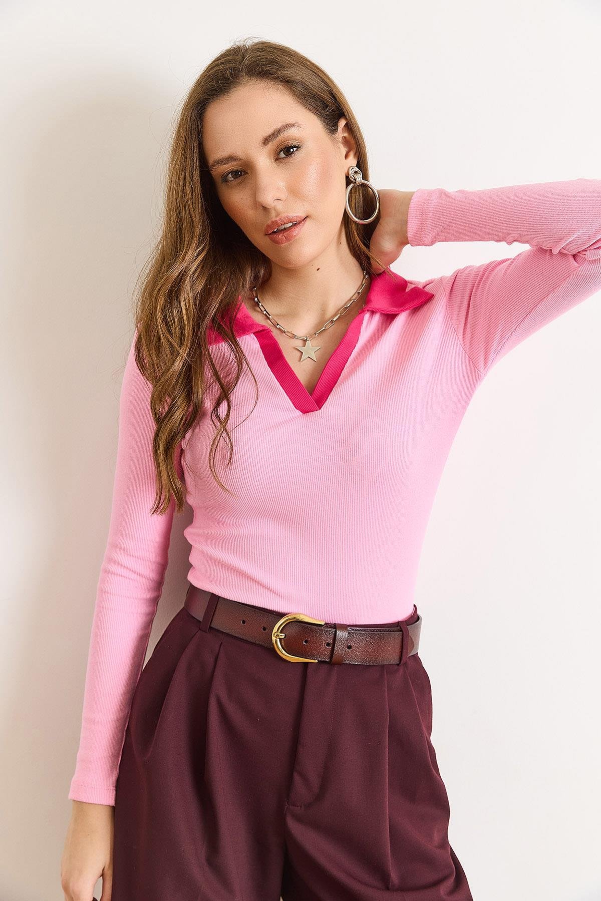 Renk Bloklu Polo Yaka Pamuk Esnek Bluz Pembe Fuşya