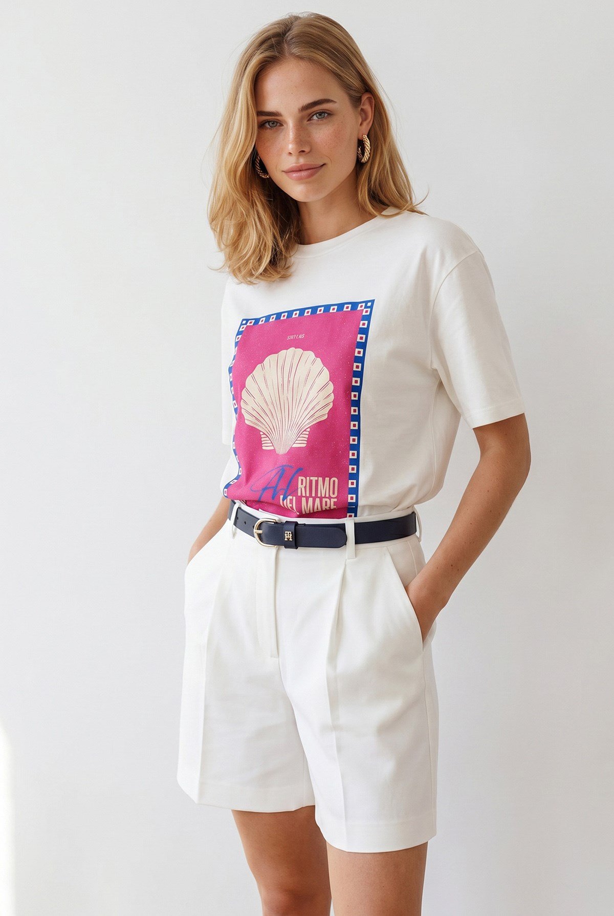 Ritmo Del Mare Baskılı Loose Fit Pamuk Tişört Beyaz