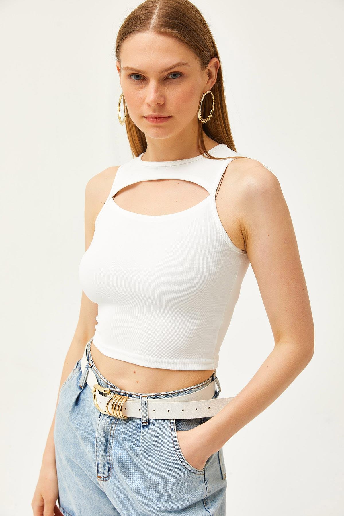 Roba Dekolteli İnce Fitilli Crop Ottoman Bluz Ekru