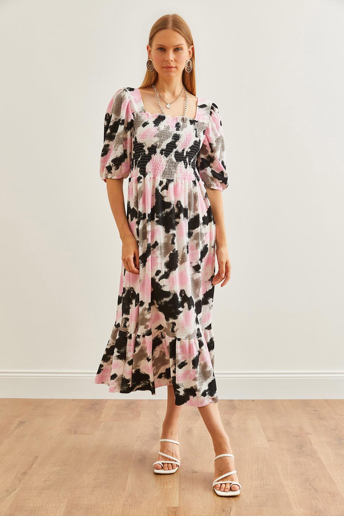 Roba Gipeli Midi Örme Elbise Batik Pembe