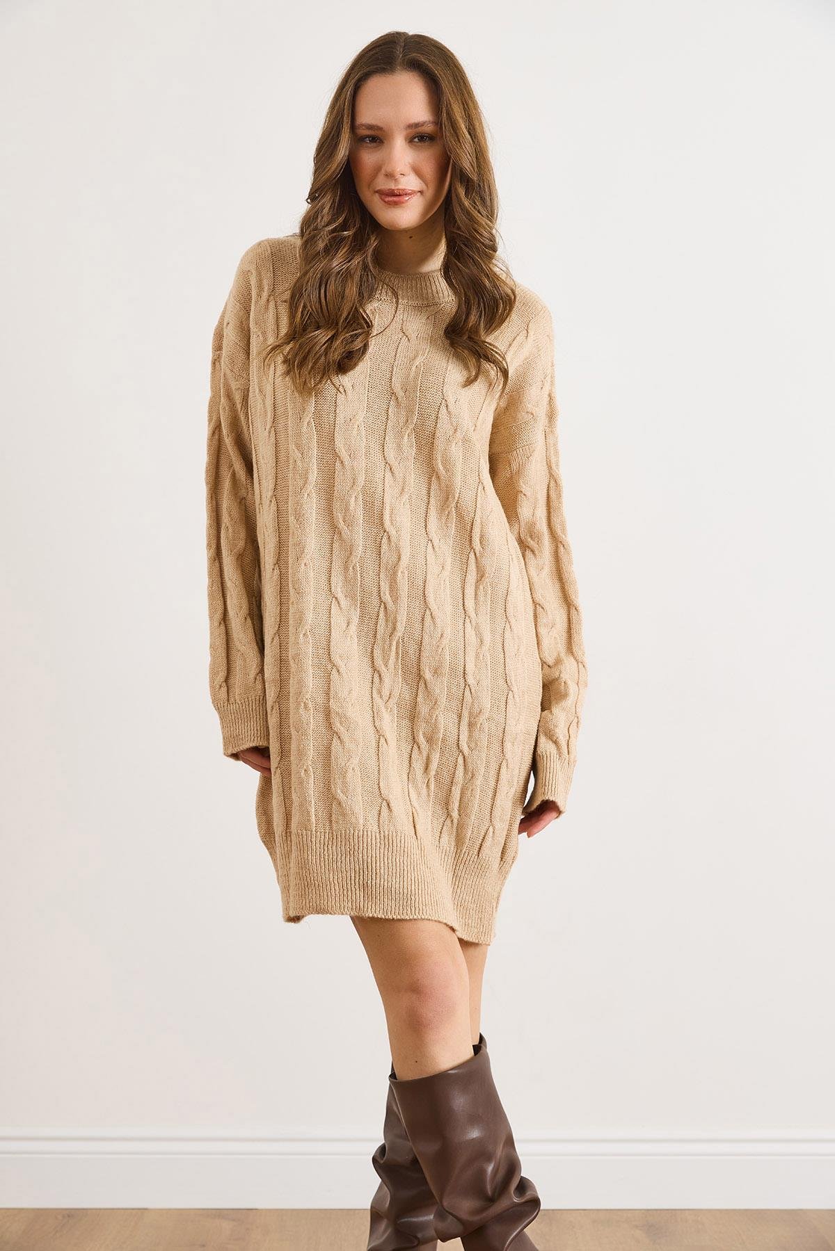 Saç Örgülü Triko Tunik Elbise Camel