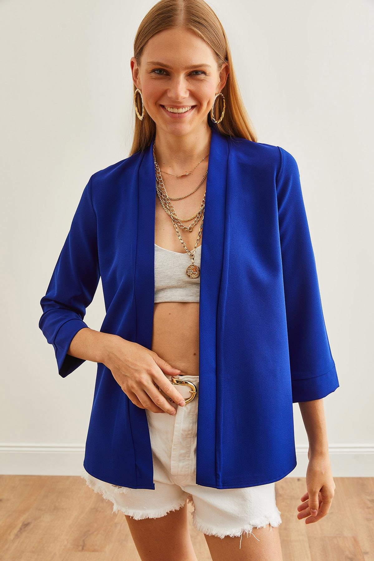 Şal Yaka Atlas Ceket Saks Mavi