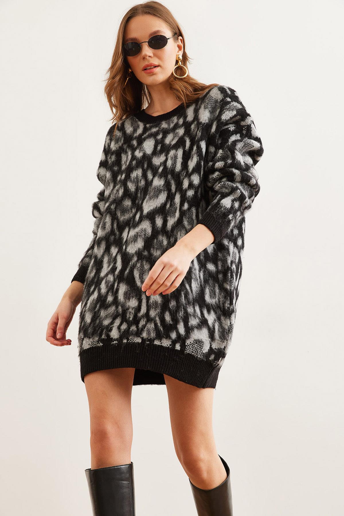 Şardonlu Oversize Leopar Tunik Elbise Siyah