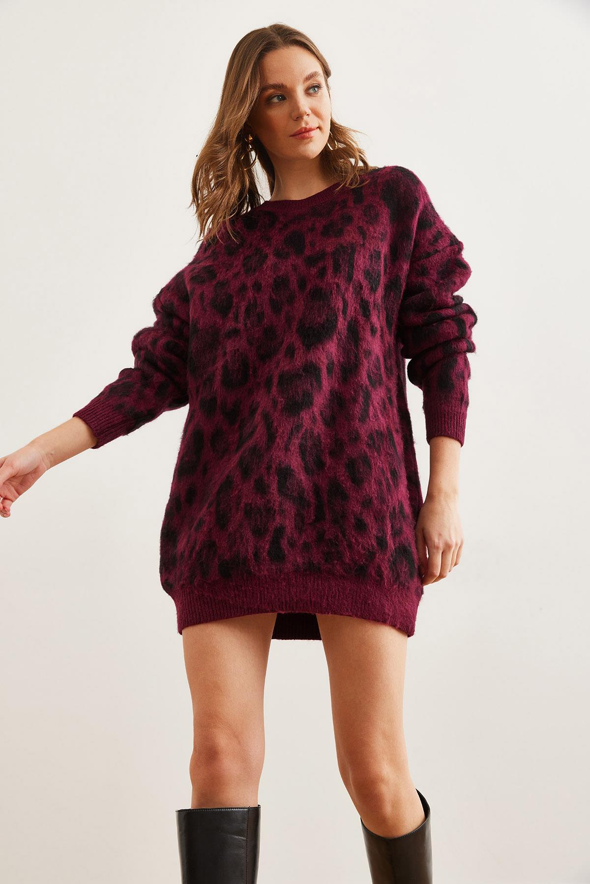 Şardonlu Oversize Leopar Tunik Elbise Bordo