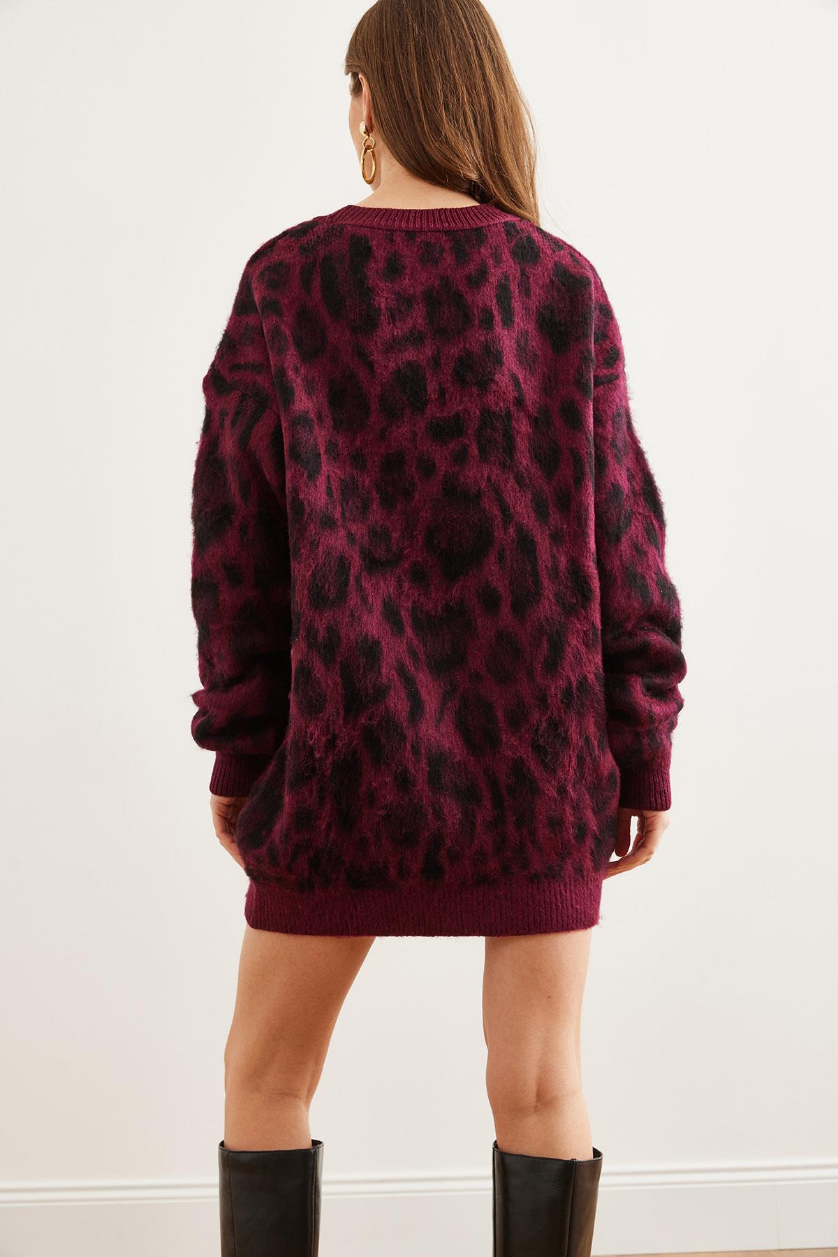 Şardonlu Oversize Leopar Tunik Elbise Bordo