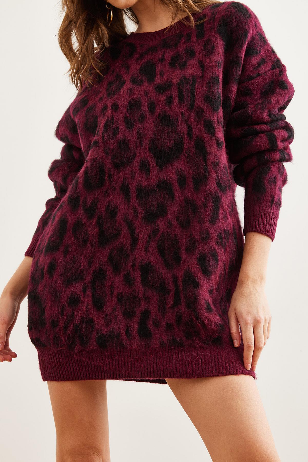 Şardonlu Oversize Leopar Tunik Elbise Bordo