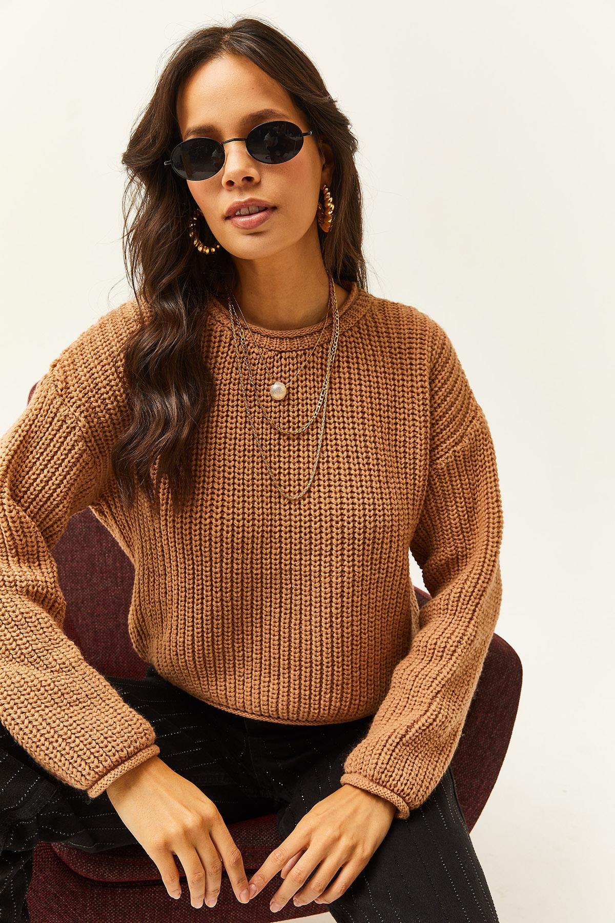 Selanik Örgü Crop Triko Kazak Camel