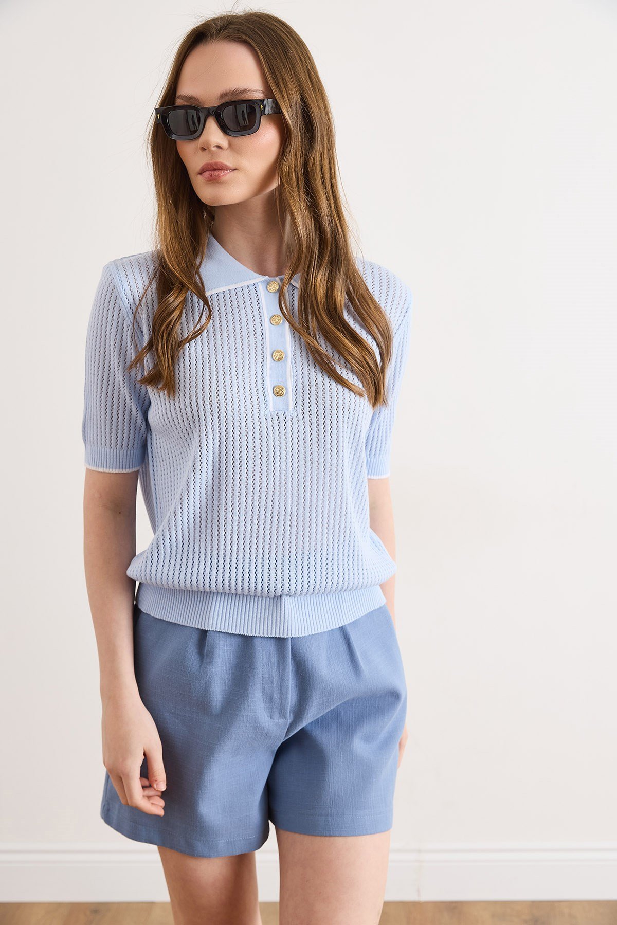 Şerit Detaylı Polo Yaka Ajurlu Triko Bluz Bebe Mavi