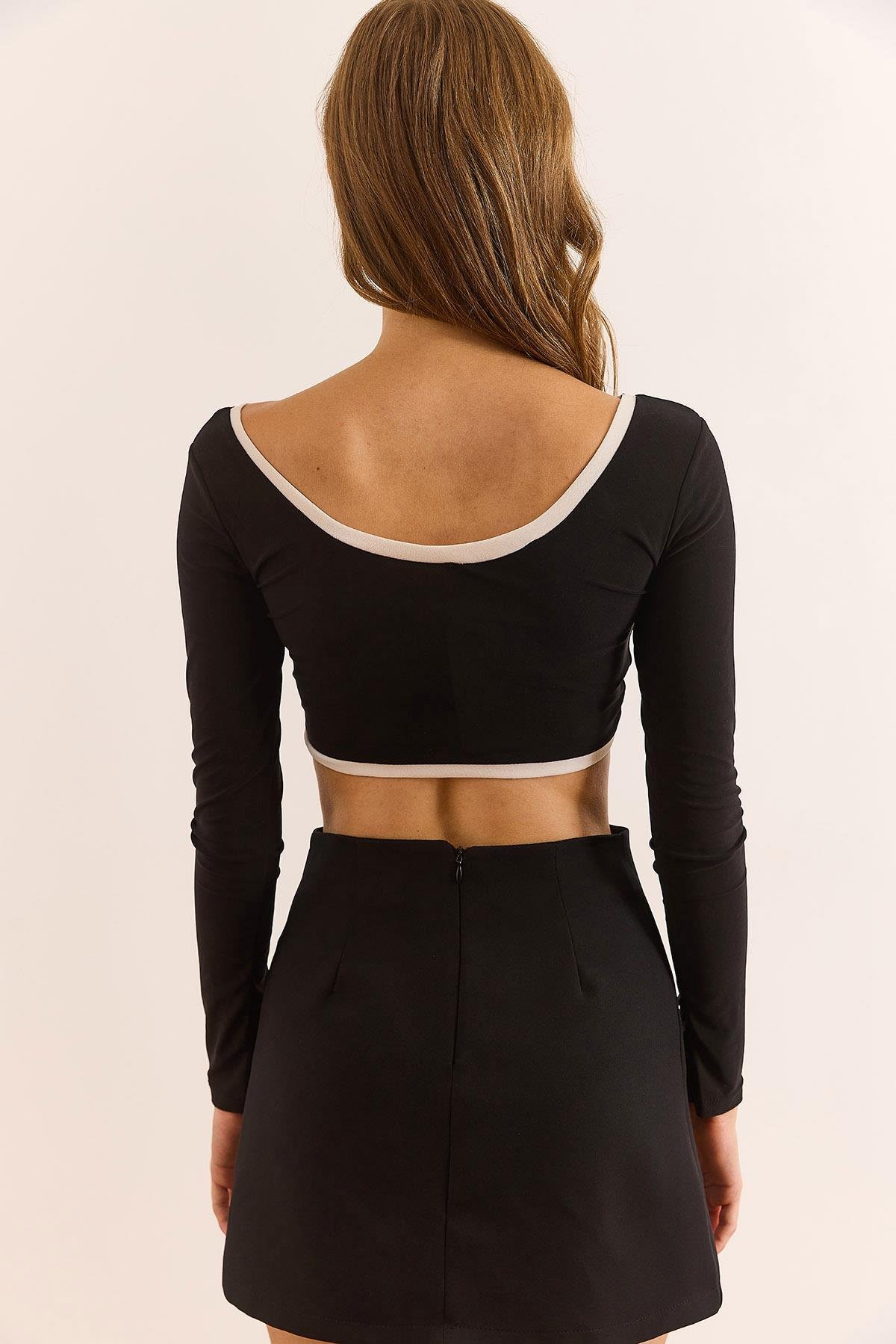 Şerit Detaylı Sandy Crop Bluz Siyah
