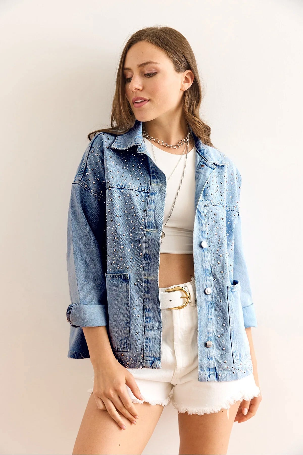 Serpme Taş Detaylı Cepli Pamuk Denim Ceket Mavi