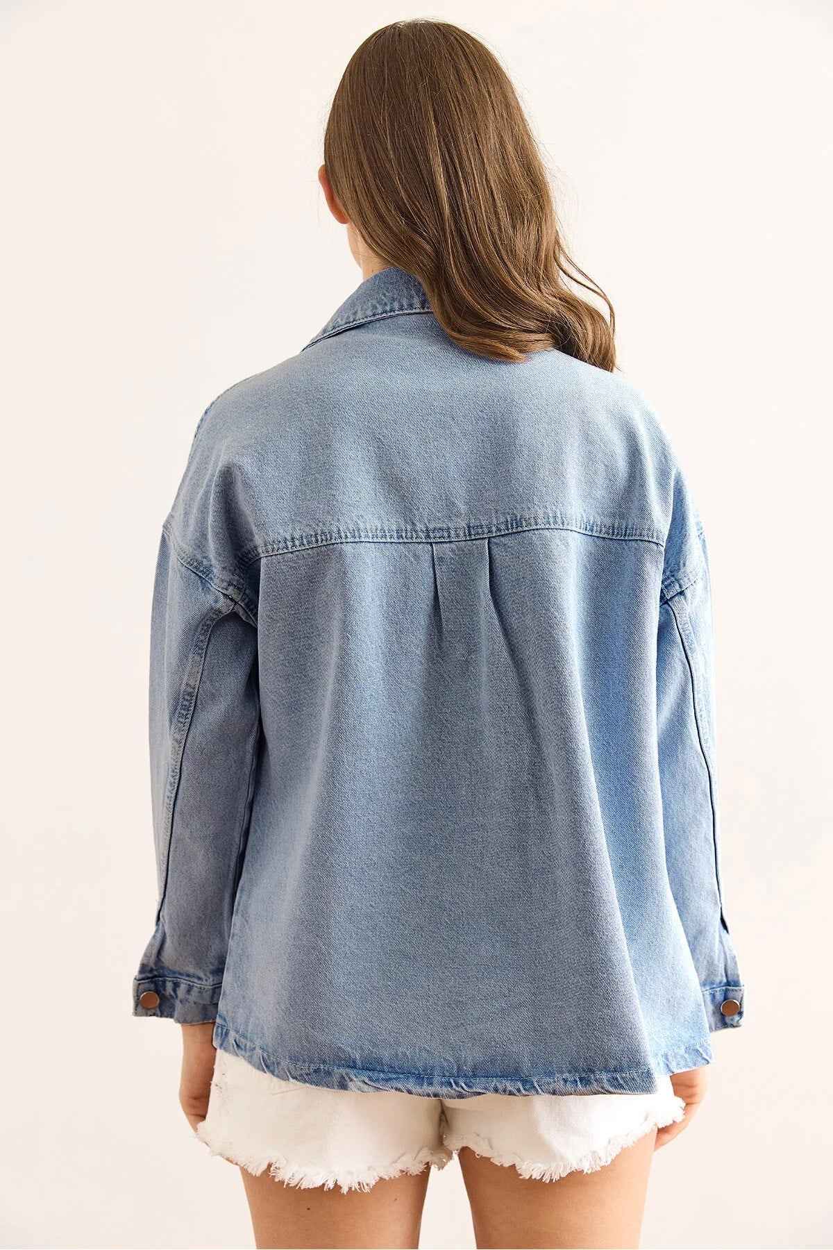 Serpme Taş Detaylı Cepli Pamuk Denim Ceket Mavi
