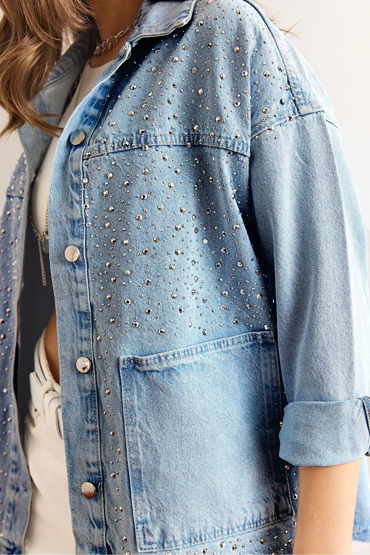 Serpme Taş Detaylı Cepli Pamuk Denim Ceket Mavi