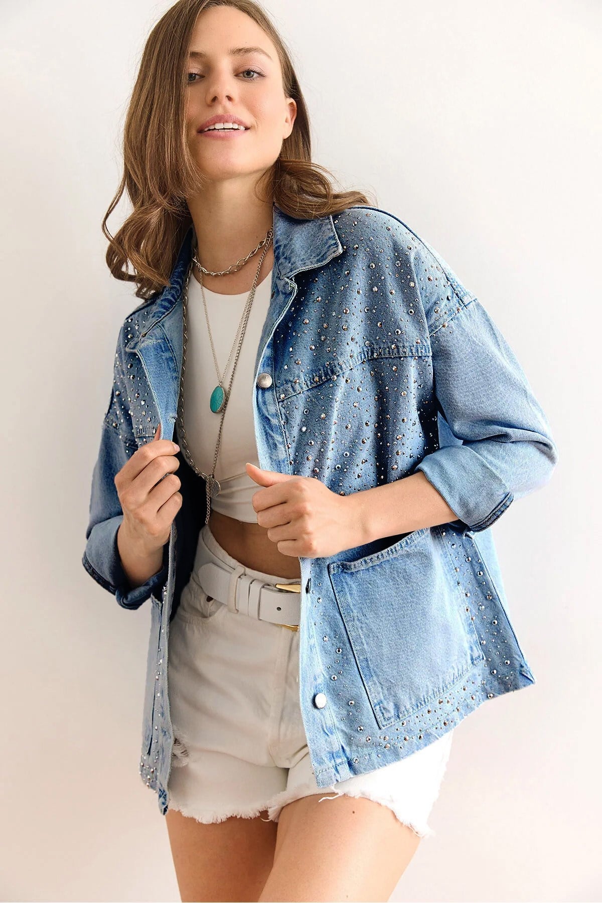 Serpme Taş Detaylı Cepli Pamuk Denim Ceket Mavi