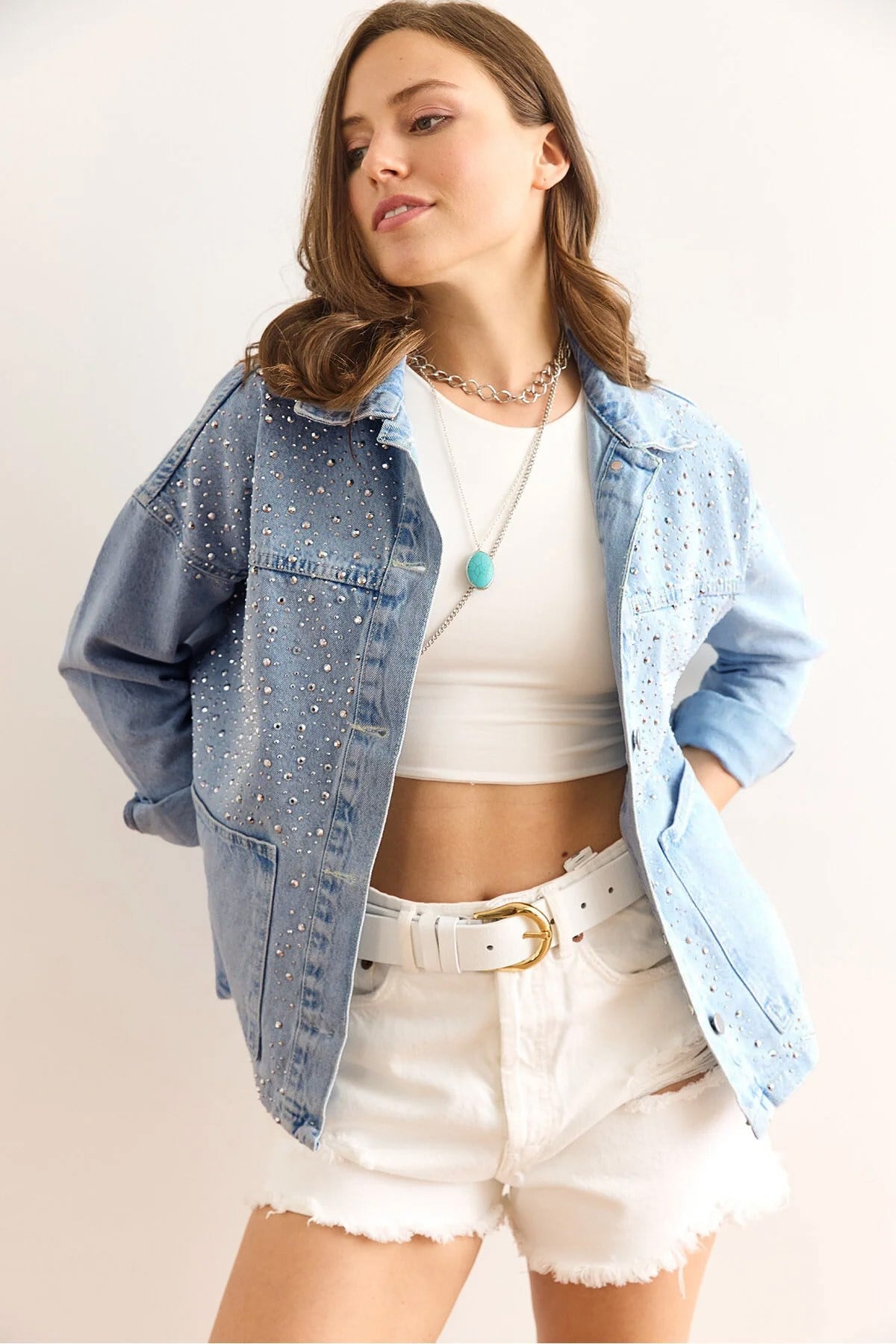 Serpme Taş Detaylı Cepli Pamuk Denim Ceket Mavi