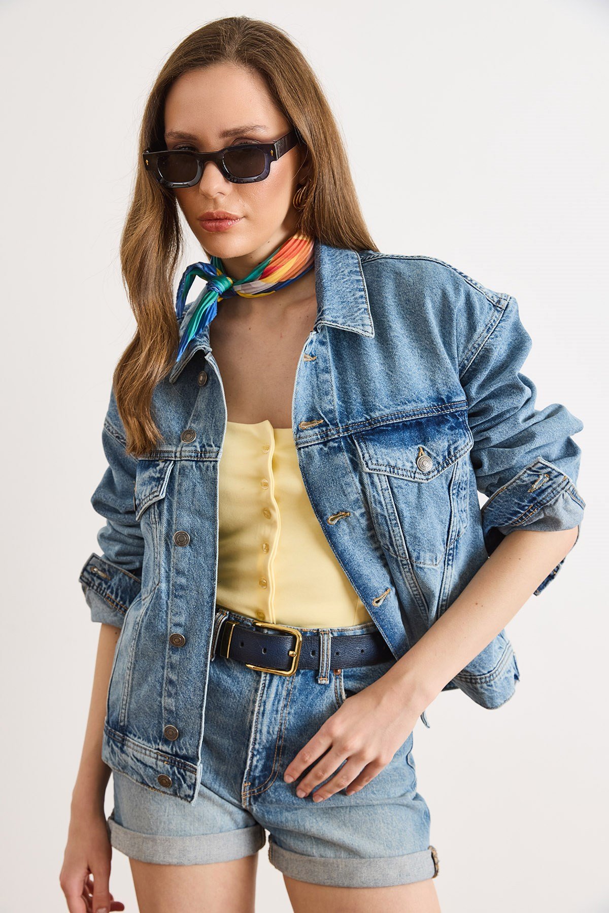 Sırtı Aplike Denim Ceket Mavi
