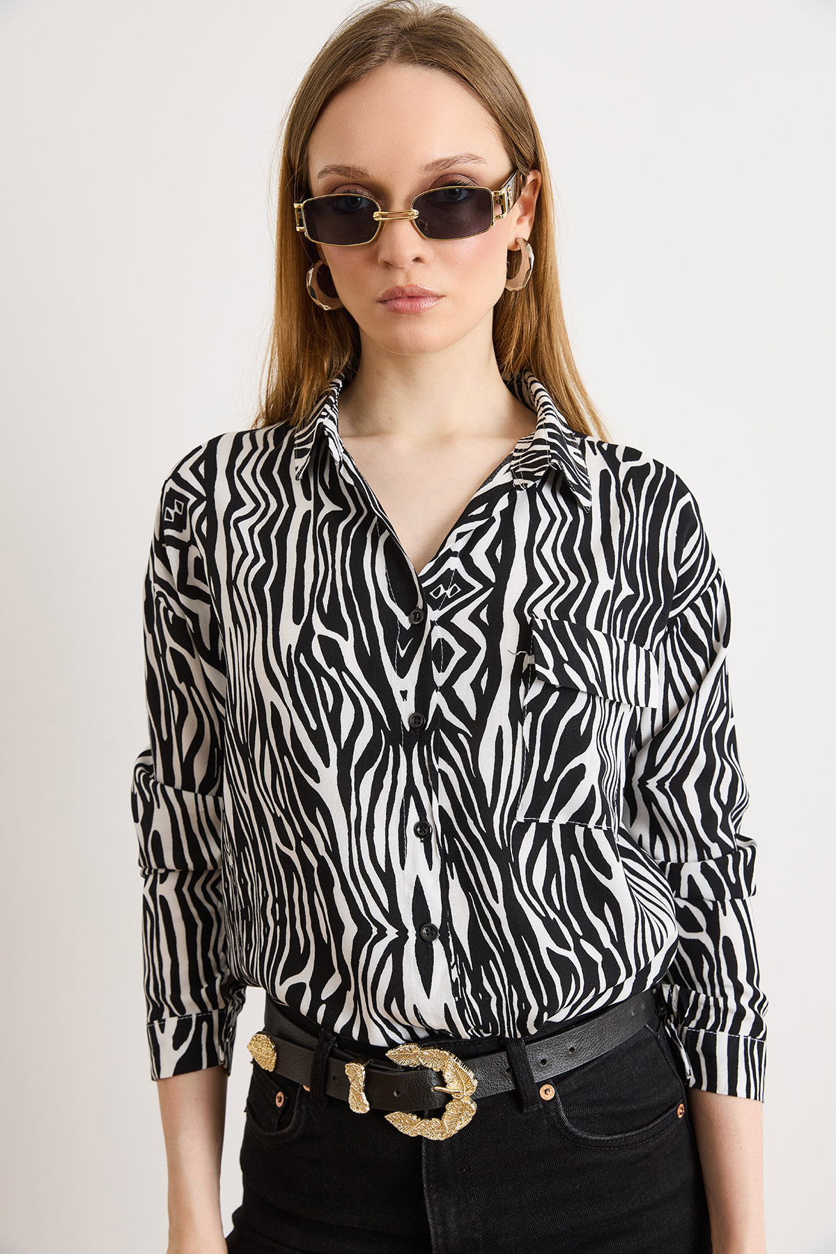 Tek Cepli Dokuma Viscon Gömlek Zebra Siyah