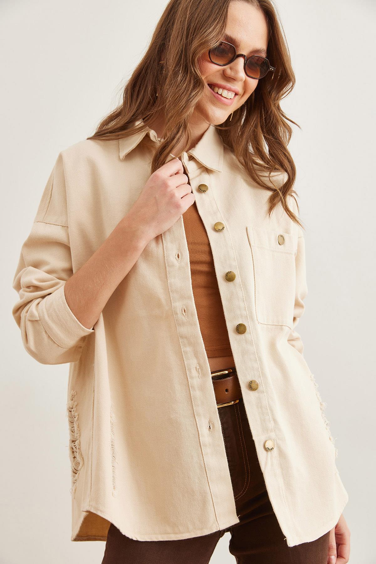 Tek Cepli Yırtık Detaylı Pamuk Gabardin Ceket Taş