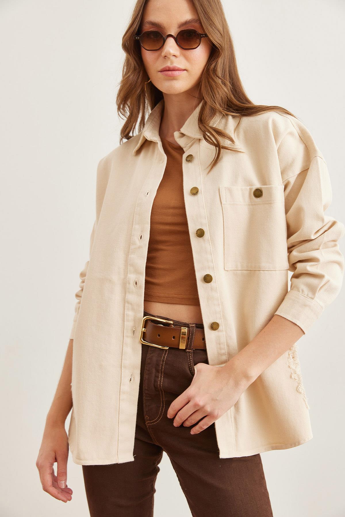 Tek Cepli Yırtık Detaylı Pamuk Gabardin Ceket Taş