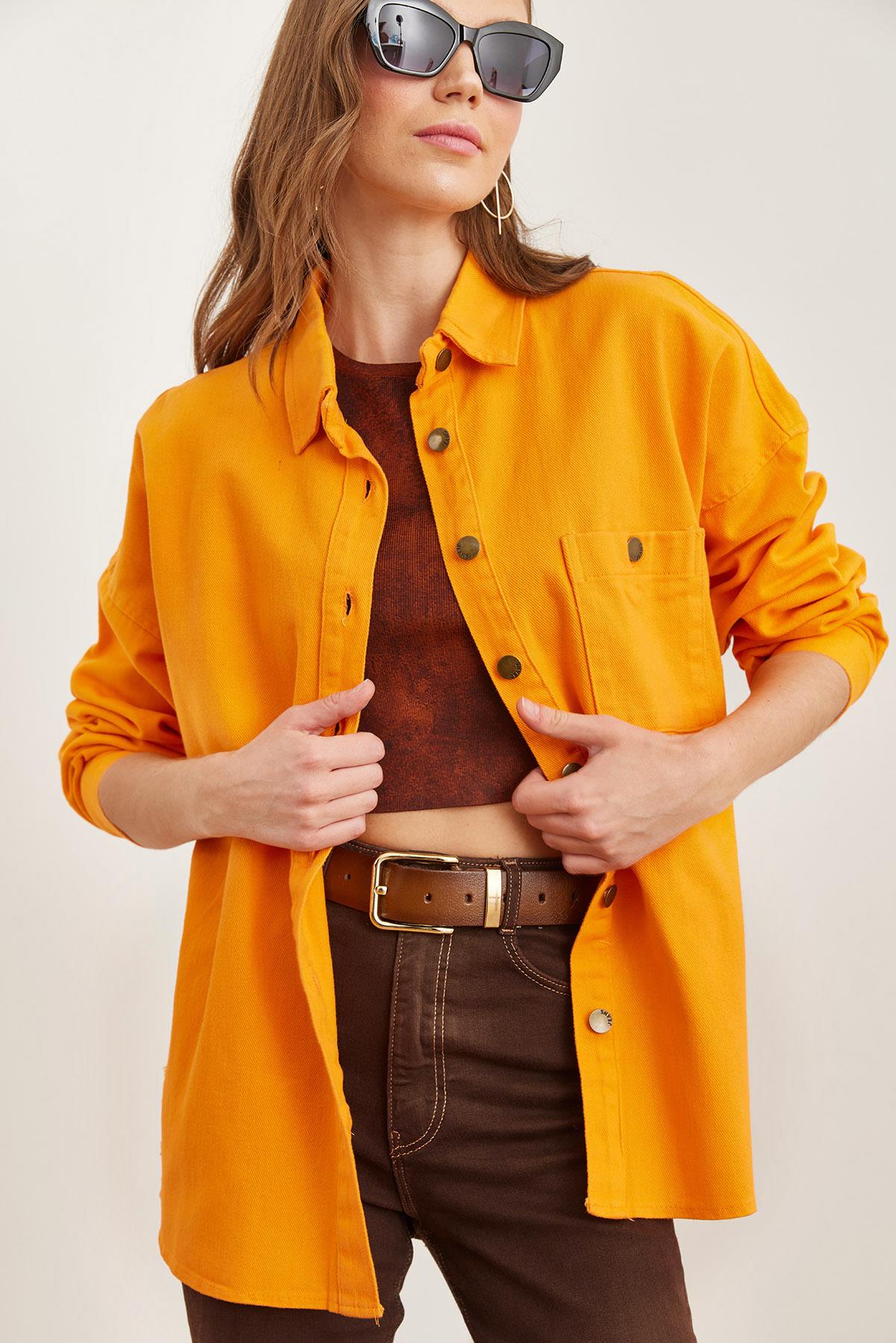 Tek Cepli Yırtık Detaylı Pamuk Gabardin Ceket Turuncu