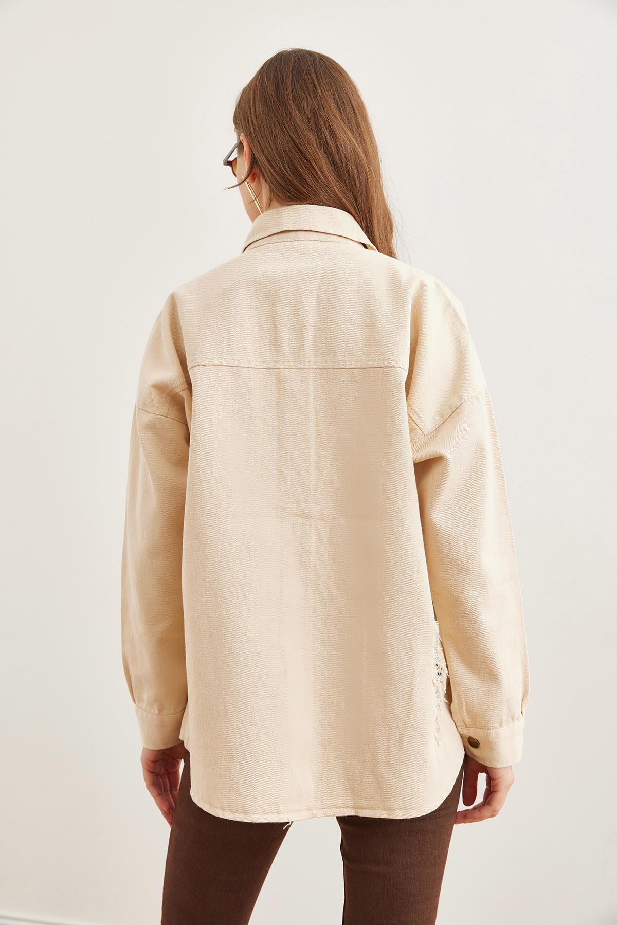 Tek Cepli Yırtık Detaylı Pamuk Gabardin Ceket Taş