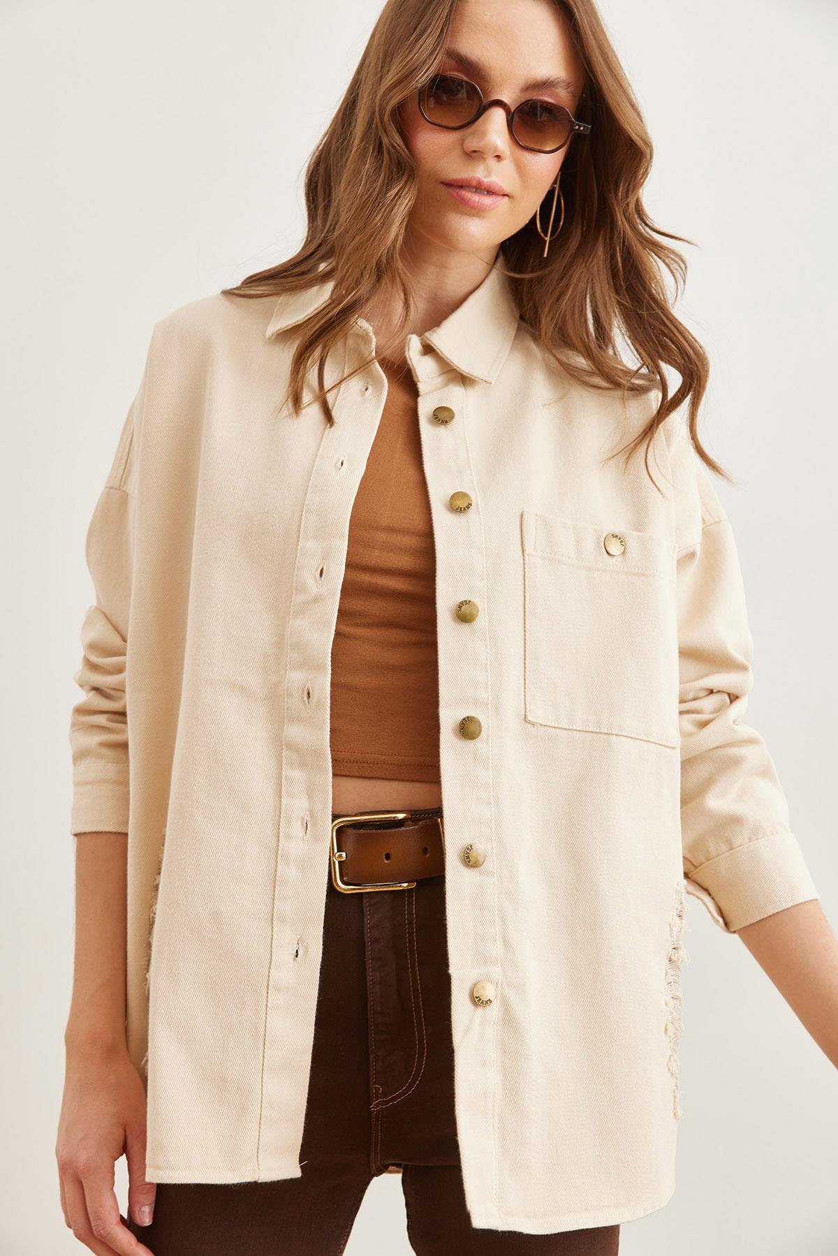 Tek Cepli Yırtık Detaylı Pamuk Gabardin Ceket Taş