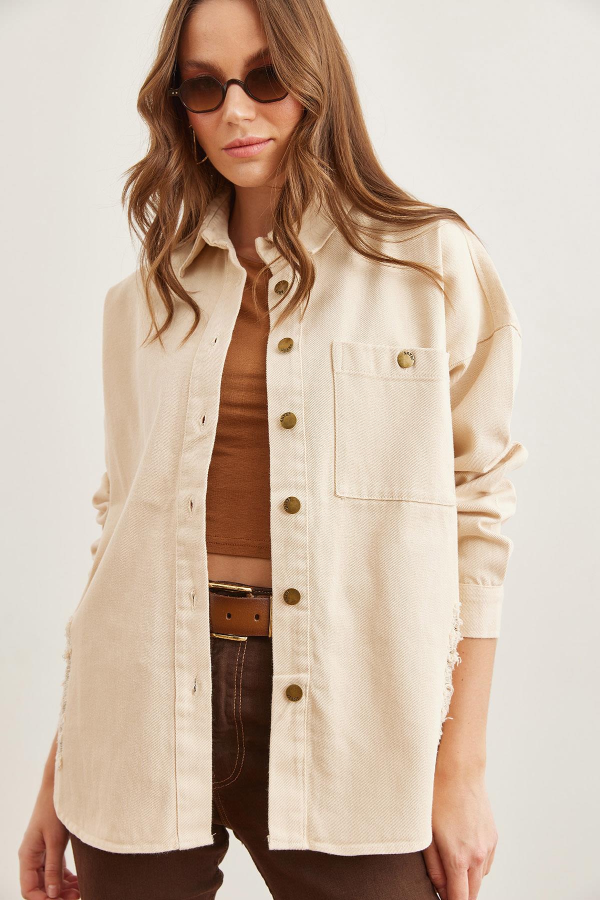 Tek Cepli Yırtık Detaylı Pamuk Gabardin Ceket Taş