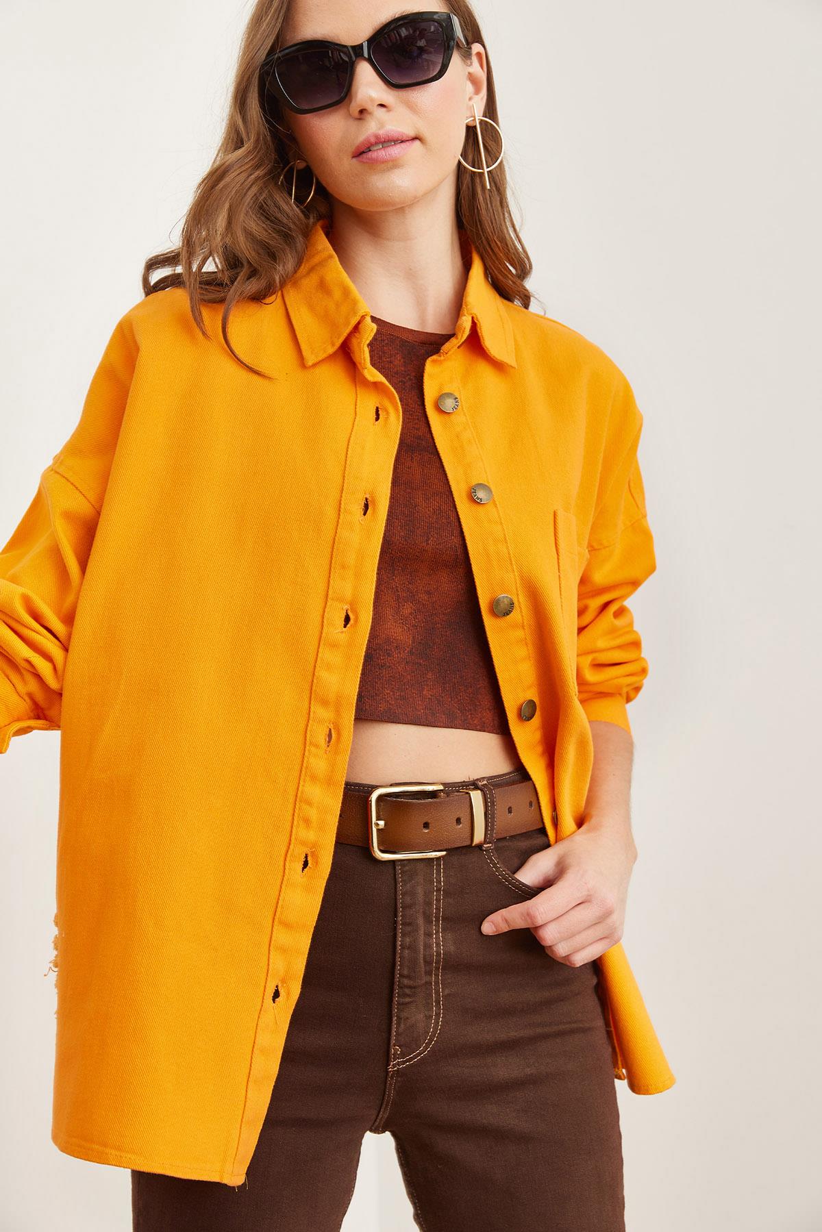 Tek Cepli Yırtık Detaylı Pamuk Gabardin Ceket Turuncu