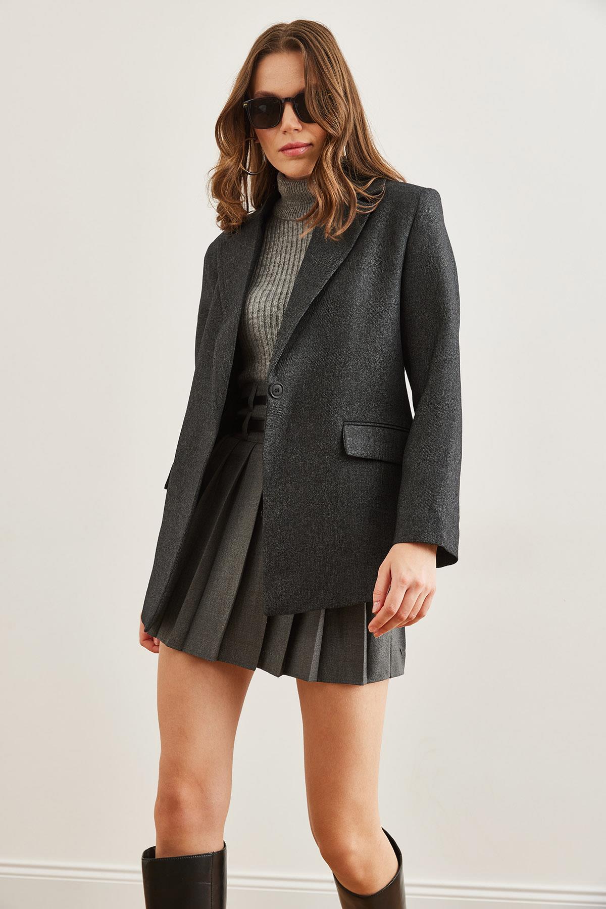 Tek Düğme Cep Kapaklı Yün Efektli Blazer Ceket Siyah