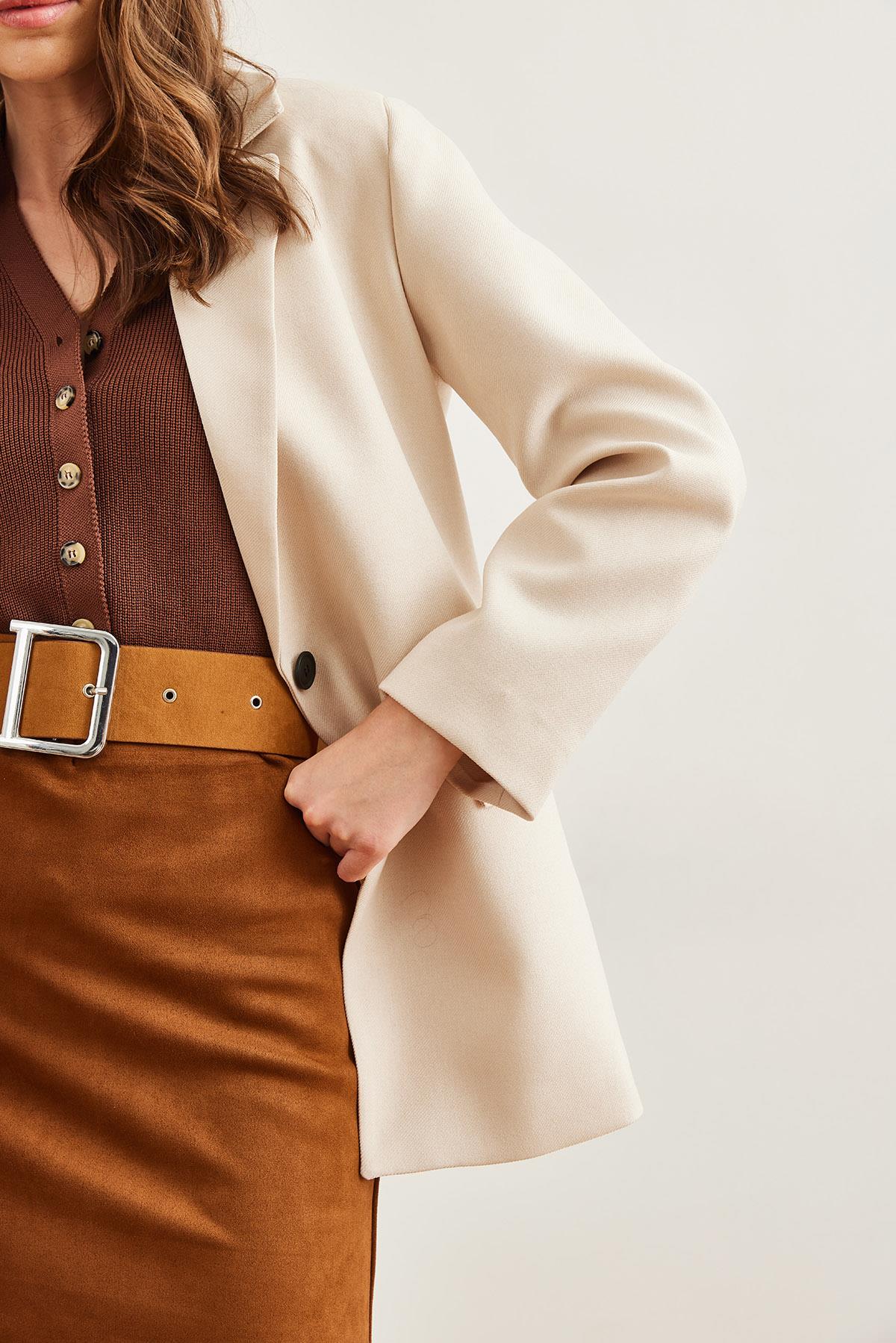 Tek Düğme Cep Kapaklı Yün Efektli Blazer Ceket Taş