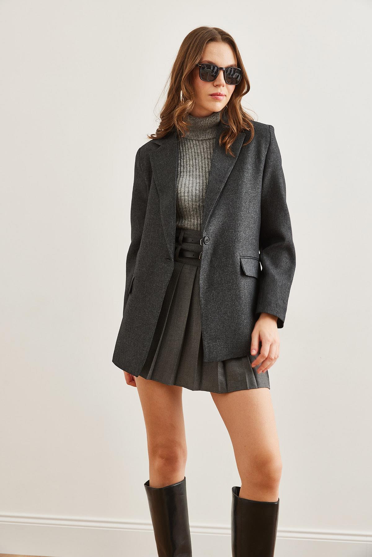 Tek Düğme Cep Kapaklı Yün Efektli Blazer Ceket Siyah