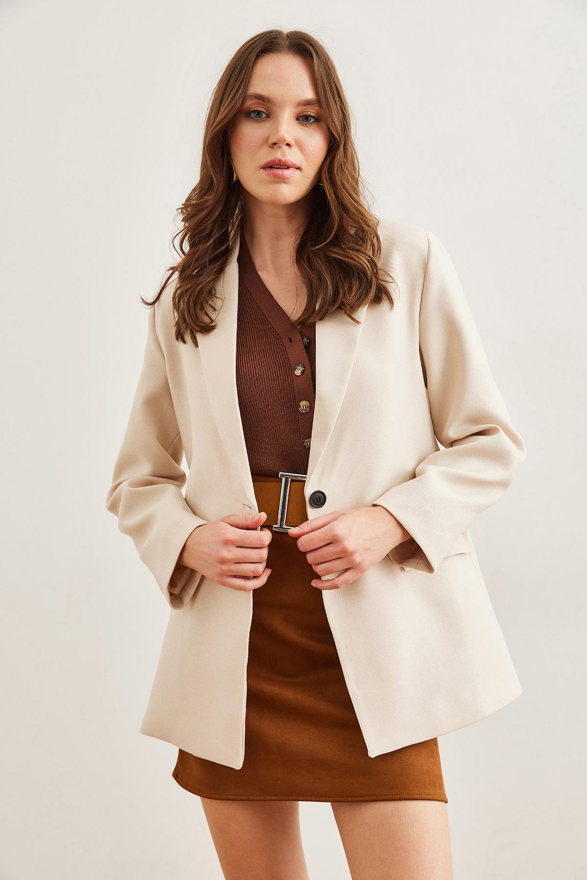 Tek Düğme Cep Kapaklı Yün Efektli Blazer Ceket Taş