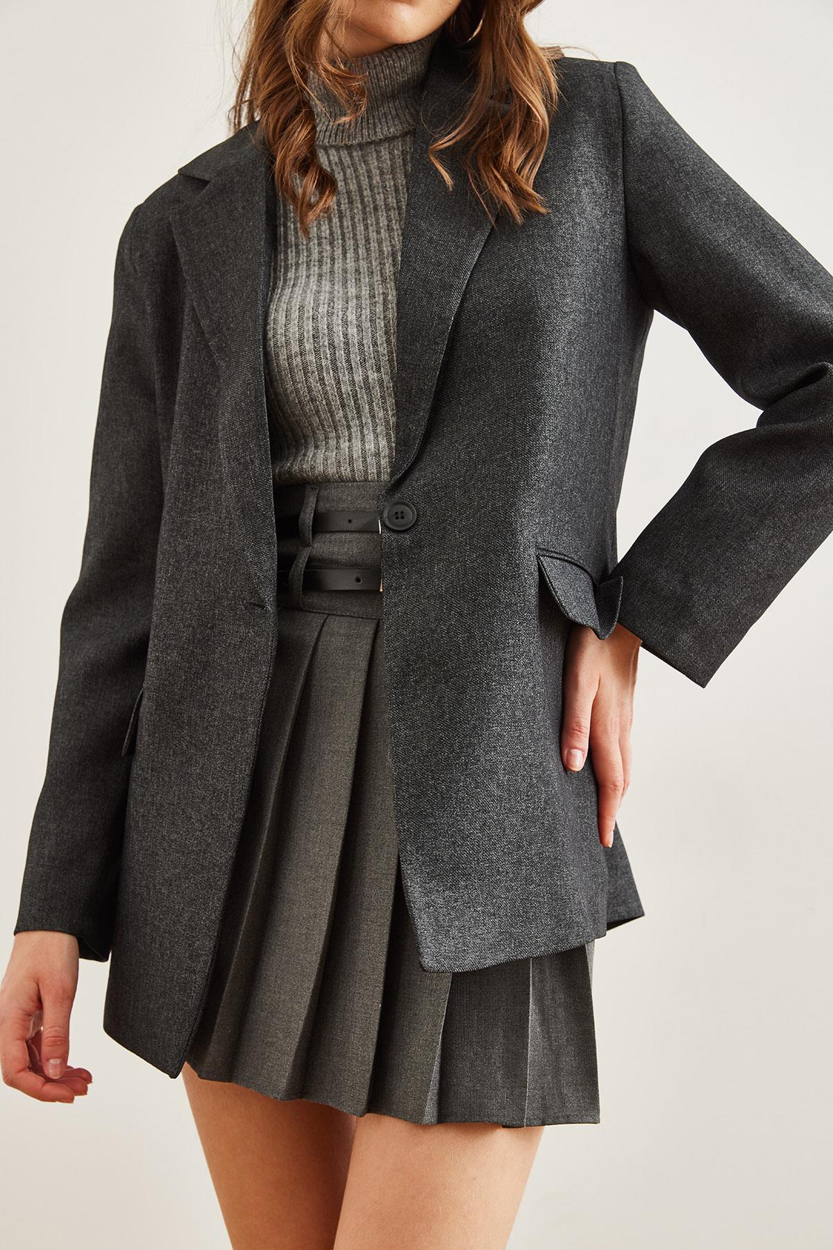 Tek Düğme Cep Kapaklı Yün Efektli Blazer Ceket Siyah