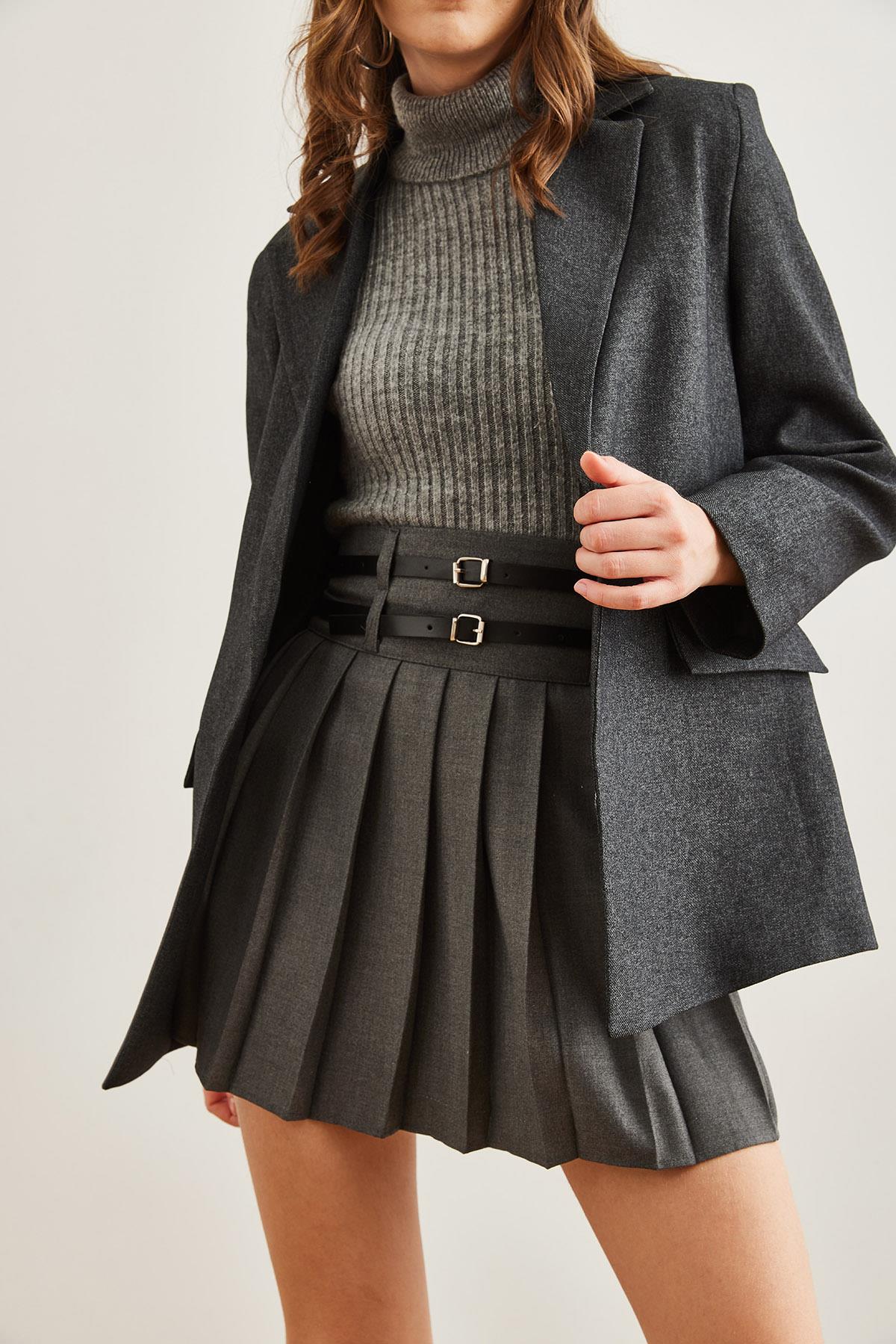 Tek Düğme Cep Kapaklı Yün Efektli Blazer Ceket Siyah