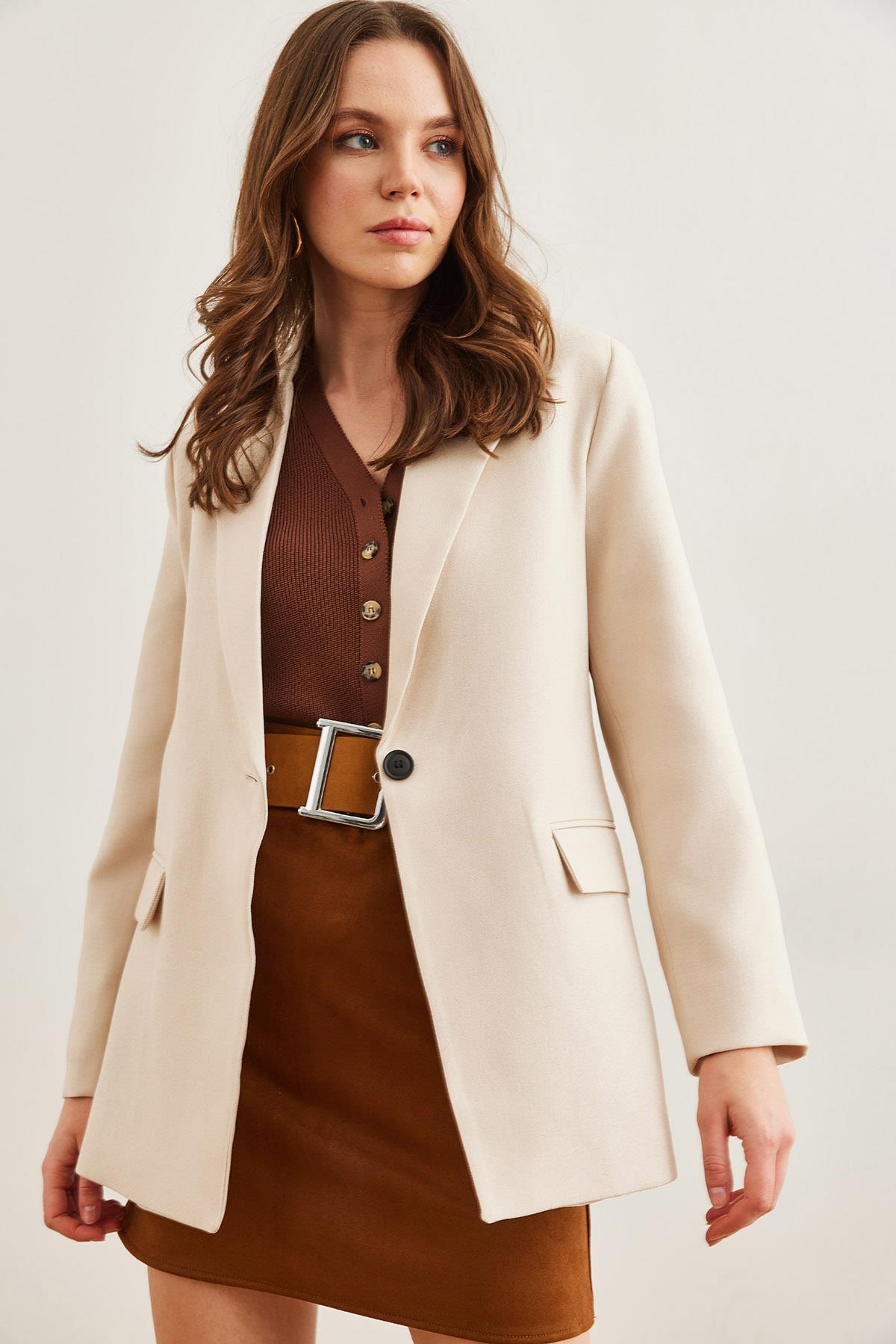 Tek Düğme Cep Kapaklı Yün Efektli Blazer Ceket Taş