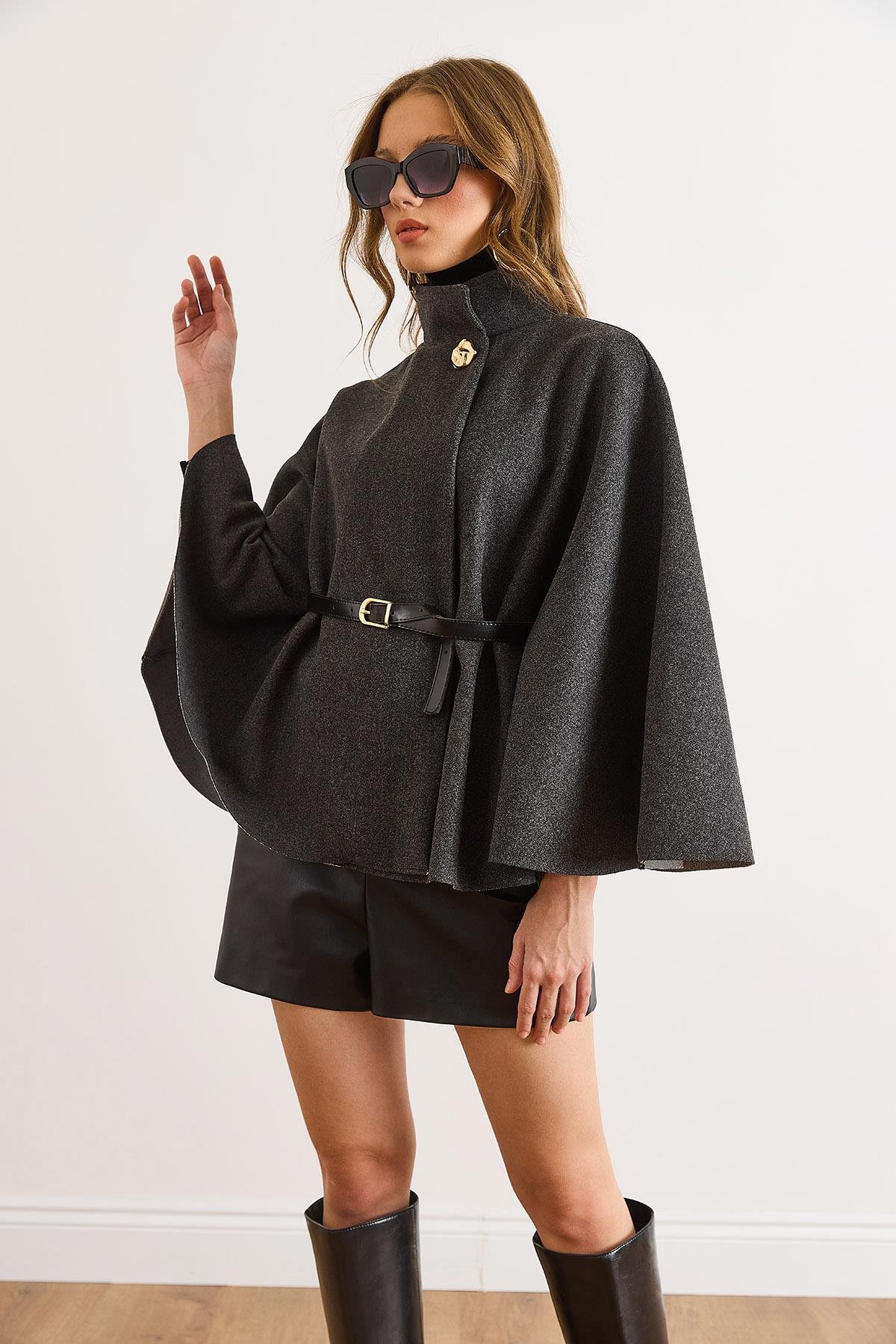 Tek Düğme Kemerli Kaşe Pelerin Panço Antrasit