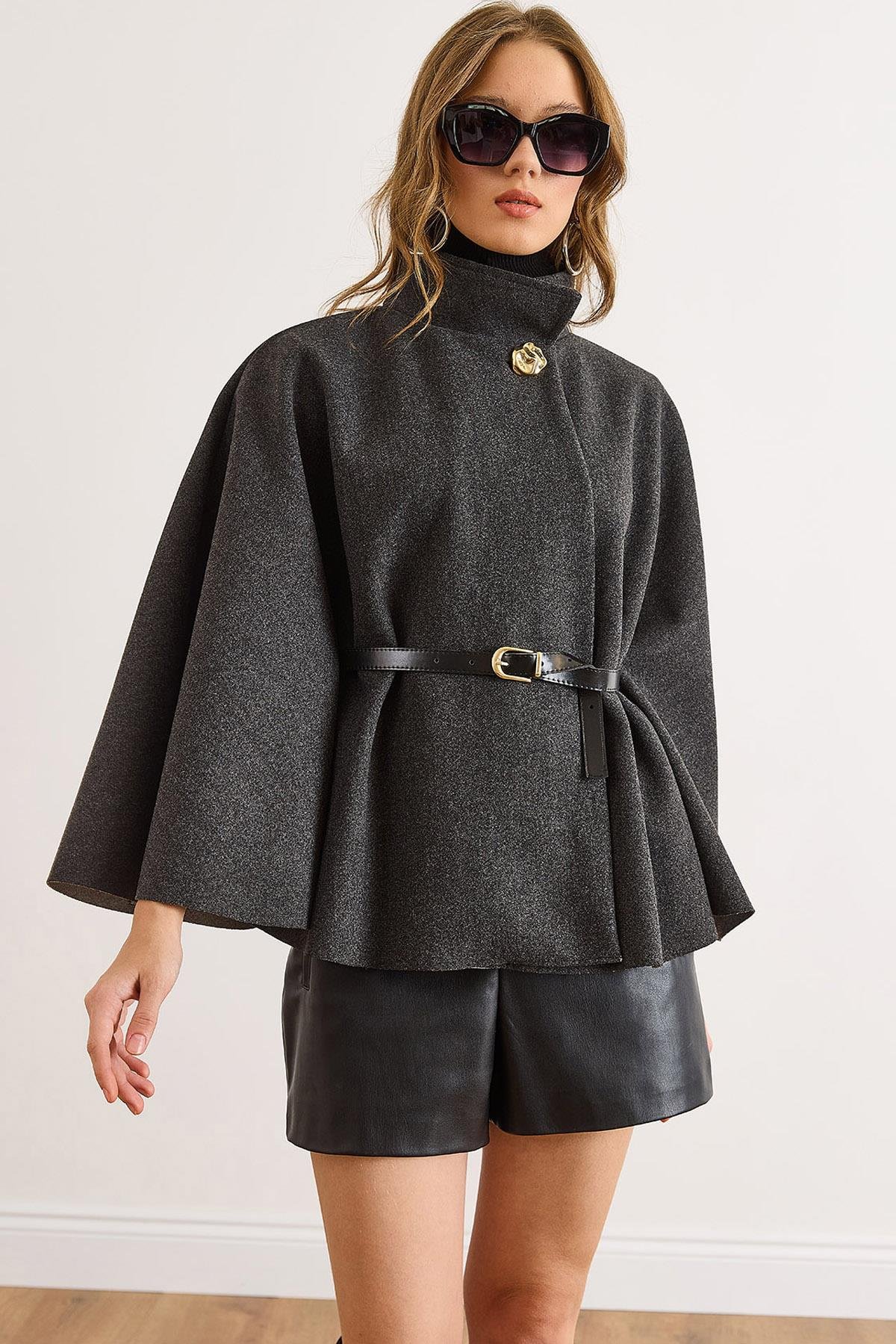 Tek Düğme Kemerli Kaşe Pelerin Panço Antrasit